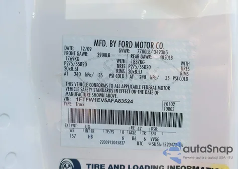 2010 Ford F-150 Fx4/Harley-Davidson/King Ranch/Lariat/Platinum/Xl/Xlt from USA, damaged, VIN 1FTFW1EV5AFA83524